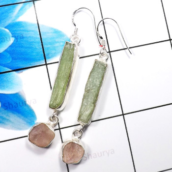 Green Kynite & Rose Quartz F - XSE940-Amazing 925 Sterling Silver Wholesale Rough Stone Earring