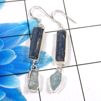 Blue Kynite & Aquamarine Rough  H - XSE939-Dazzling Company Made 925 Sterling Silver Rough Stone Jew