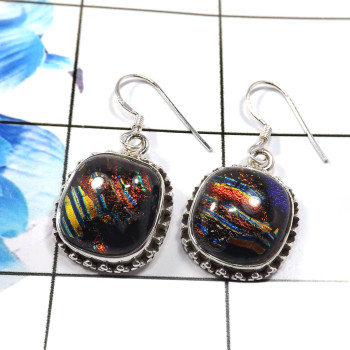 Dichroic Glass O - SDE775-Glorious Dichroic Glass 925 Sterling Silver Designer Earr