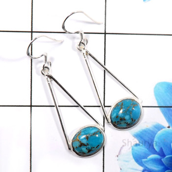 Blue Copper Turquoise A - BZE776-925 Sterling Silver Beautiful Bezel Earrings Factory Whol