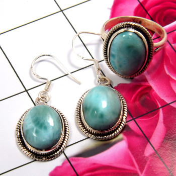 Larimar Cab A - NDS957-925 Sterling Silver Gorgeous Earring & Ring Set Wholesale