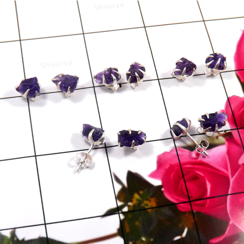 Amethyst Rough A - SVP823-925 Sterling Silver 5 Pcs Set Wholesale Glamorous Stud Ea