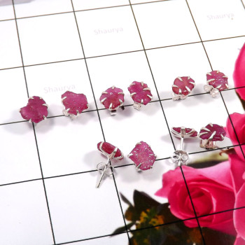 Pink Ruby Rough C - SVP823-925 Sterling Silver 5 Pcs Set Wholesale Glamorous Stud Ea