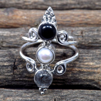 Black Rutile,Black Onyx & Pearl I - RSS878-925 Sterling Silver Three Stone Designer Wholesale Rings
