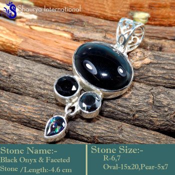 Black Onyx  Cab & Cut  D - SSP859-Trendy 4 Stone Handmade Designer Pendants 925 Sterling Si
