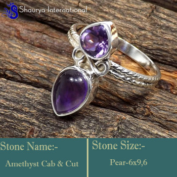 Amethyst Cab & Cut O - SDR646-Designer Two Stone Beautiful Handmade Rings 925 Sterling