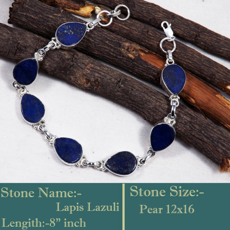 Lapis Lazuli D - LPS990-Solid 925 Sterling Silver Flat Lapis Lazuli Plain Set Bra