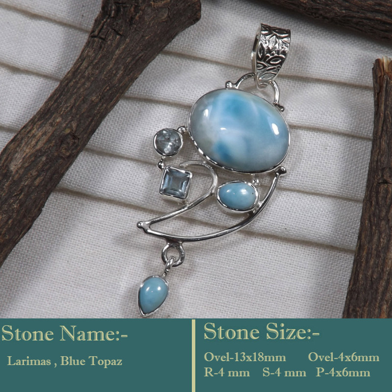 Larimar & Topaz O - SD613 925 STERLING SILVER BLUE LARIMAR DESIGNER PENDANT WHOLESAL