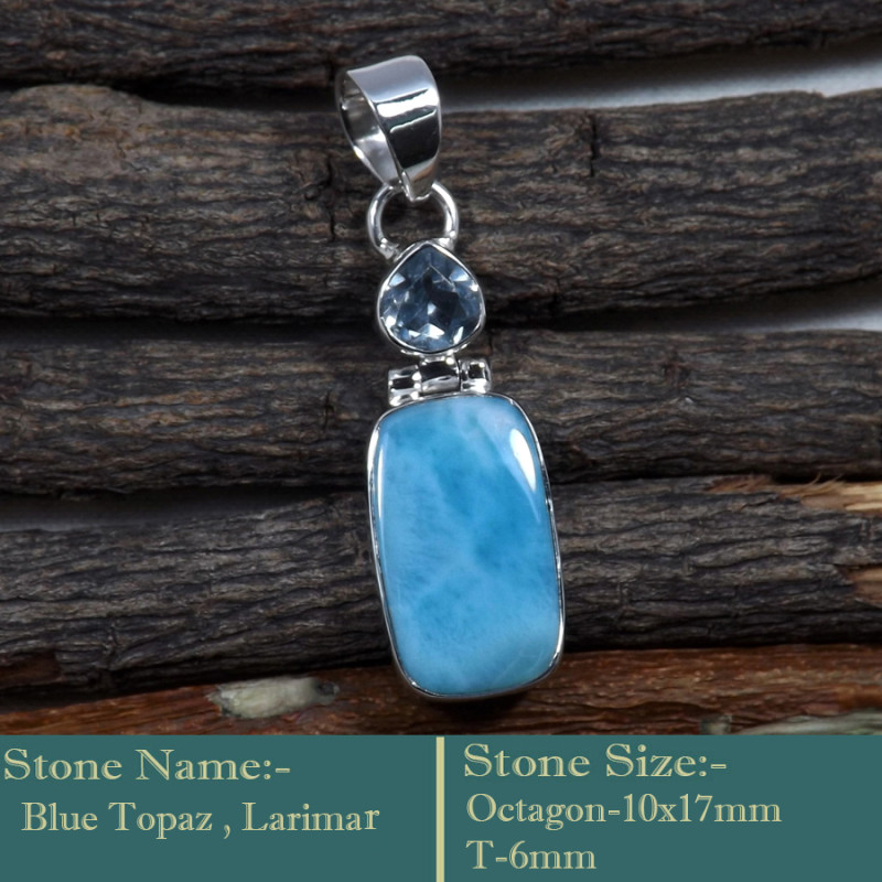 Blue Topaz & Larimar Cut B - SD602-Cut Gemstone Solid 925 Sterling Silver Designer Pendant Wh