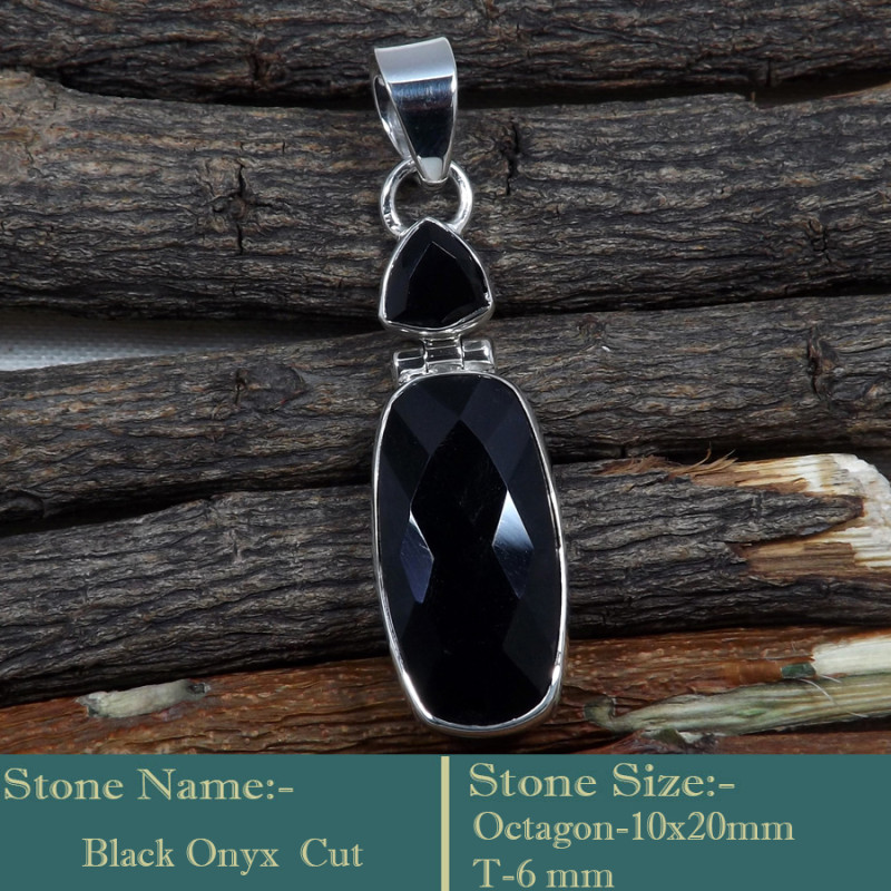 Black Onyx Cut G - SD602-Cut Gemstone Solid 925 Sterling Silver Designer Pendant Wh