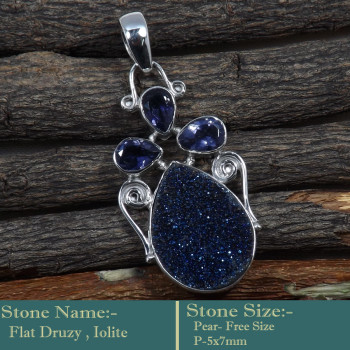 Flat Druzy & Iolite Cab F - SD601-Cab Gemstone Solid 925 Sterling Silver Designer Pendant