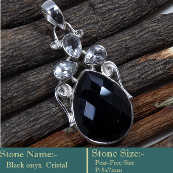 Black Onyx & Crystal Cut O - SD600-Cut Gemstone Solid 925 Sterling Silver Designer Pendant Wh