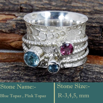 Blue Topaz & Pink Topaz Cut G - SDR595-Colourful Cut Gemstones 925 Sterling Silver Ring Wholesal