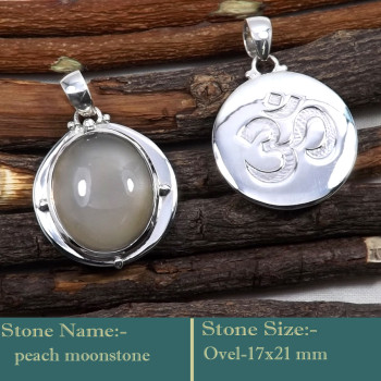 Peach Moonstone Cab A - SD597-Stunning 925 Silver Symbol Of God Om Cab Gemstone Pendant