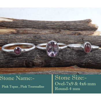 Pink Topaz & Pink Tourmaline Cut L - STK943-925 Silver Handmade Stacking Ring Glorious Look Gemstone