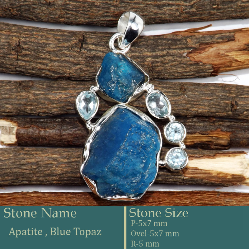 Apatite Rough & Blue Topaz Cut D - RPP982-Exclusive 925 Silver Rough Gemstone Pendant Wholesale Ind