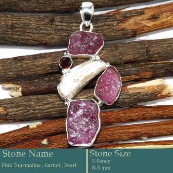 Pink Ruby Rough, Pearl & Garnet Cut D - RPP977-Pretty Look Rough Gemstone Silver Pendant Wholesale Colle