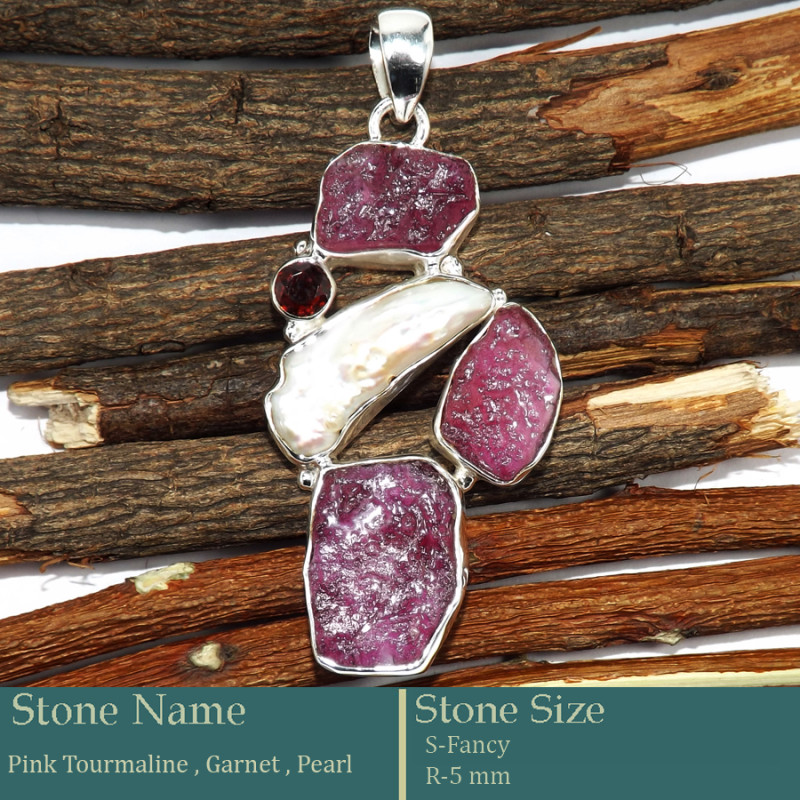 Pink Ruby Rough, Pearl & Garnet Cut D - RPP977-Pretty Look Rough Gemstone Silver Pendant Wholesale Colle