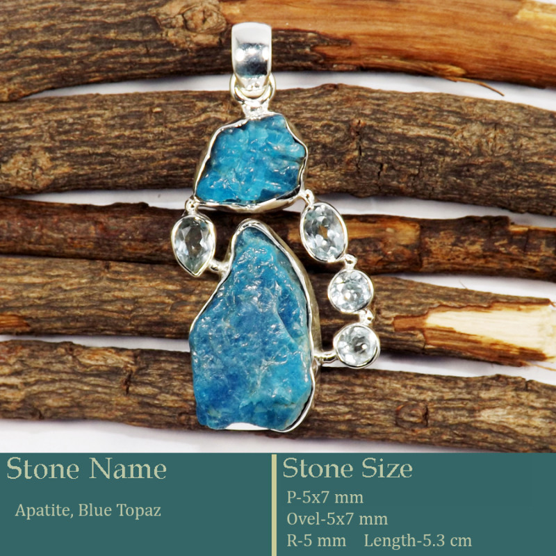 Apatite Rough & Blue Topaz Cut A - RPP975-Genuine Rough Gemstone Pendant 925 Sterling Silver