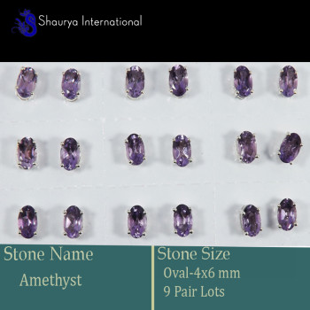 9 Pair Amethyst Cut D - SSE852-4x6mm Oval 9 Pair Lots Stud Earrings Cut Gemstone 925 Ste
