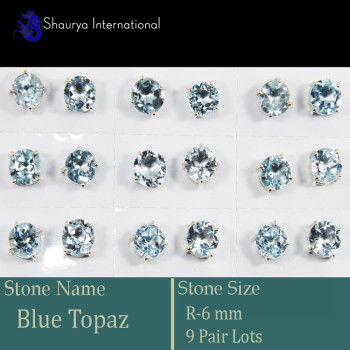 9 Pair Blue Topaz Cut O - SSE850-6mm Round 9 Pair Stud Earrings Cut Gemstone 925 Sterling