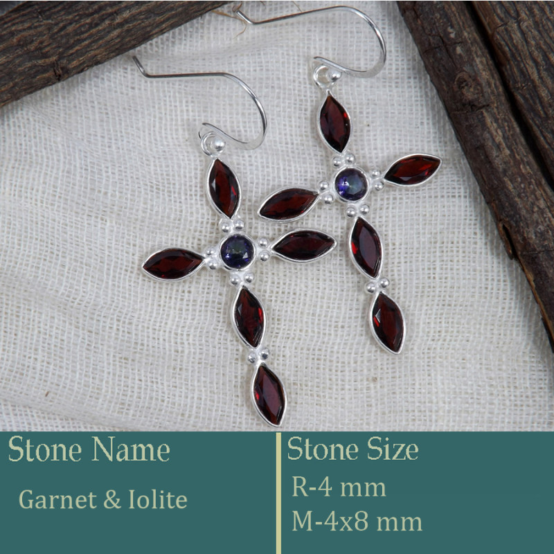 Garnet & Iolite Cut C - BZE742-Superb Holy Cross Earrings Cut Gemstone 925 Silver Wholes