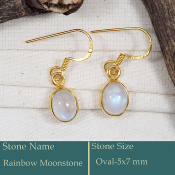 Rainbow Moonstone Cab C - CMJ865-Superb 925 Silver 18k Gold Plated Earrings Rainbow Moonst