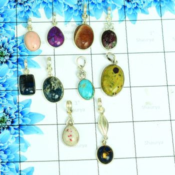 10 Pcs Mix Cab Stones A - BDA983-10 Pcs 925 Sterling Silver Direct Factory Handmade Pendan