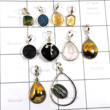 10 Pcs Mix Cab & Cut Stone C - BDA946-10 Pcs Mix Cut & Cab Gemstone Pendant 925 Sterling Silver