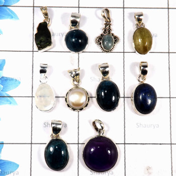 10 Pcs Mix Cab & Cut Stone F - BDA946-10 Pcs Mix Cut & Cab Gemstone Pendant 925 Sterling Silver
