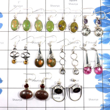 10 Pairs Mix Cut & Cab Gemstone O - BDA931-10 Pairs 925 Silver Earrings Lots Mix Cut & Cab Gemstone