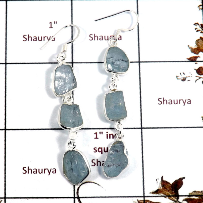 Aquamarine Rough A - BZE722-Adorable Natural Rough Gemstone Handmade Bezel Earrings 9