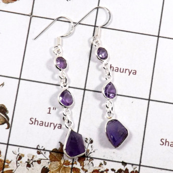 Amethyst Rough & Cut C - BZE721-Dazzling Look Three Stone Bezel Earrings 925 Sterling Sil