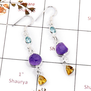 Blue Topaz & Amethyst Rough  E - BZE721-Dazzling Look Three Stone Bezel Earrings 925 Sterling Sil