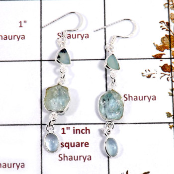 Aquamarine Rough I - BZE721-Dazzling Look Three Stone Bezel Earrings 925 Sterling Sil