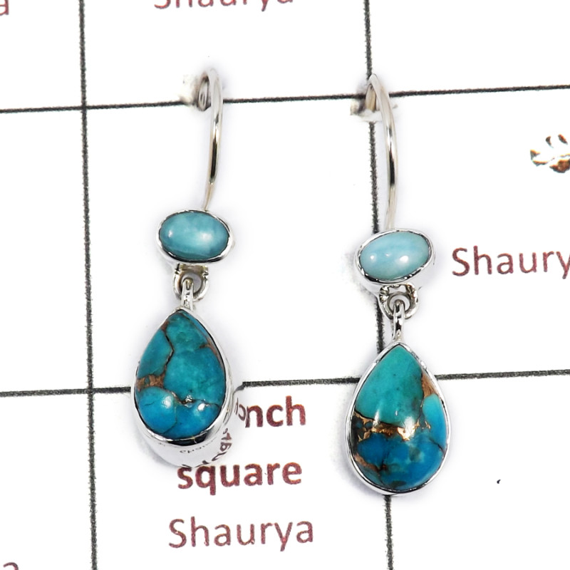 Blue Copper Turquoise & Larimar Cab G - SPE883-Gorgeous Party Wear 925 Silver Earrings Cab & Cut Gemston