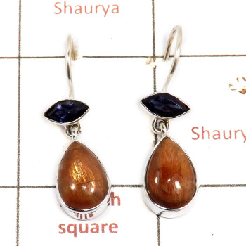 Sunstone & Iolite Cut C - SPE882-Solid 925 Sterling Silver Earrings Cab & Cut Gemstone Who