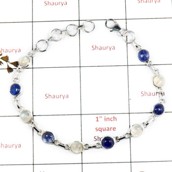 Rainbow Moonstone & Tanzanite Cab F - SBB893-Exclusive New Design 925 Silver Bezel Bracelet Cab Gemsto