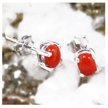 3x5mm Red Coral Cab A - SFJ918-Amazing Cab Gemstone 925 Silver Stud Earrings Made By Indian Factory