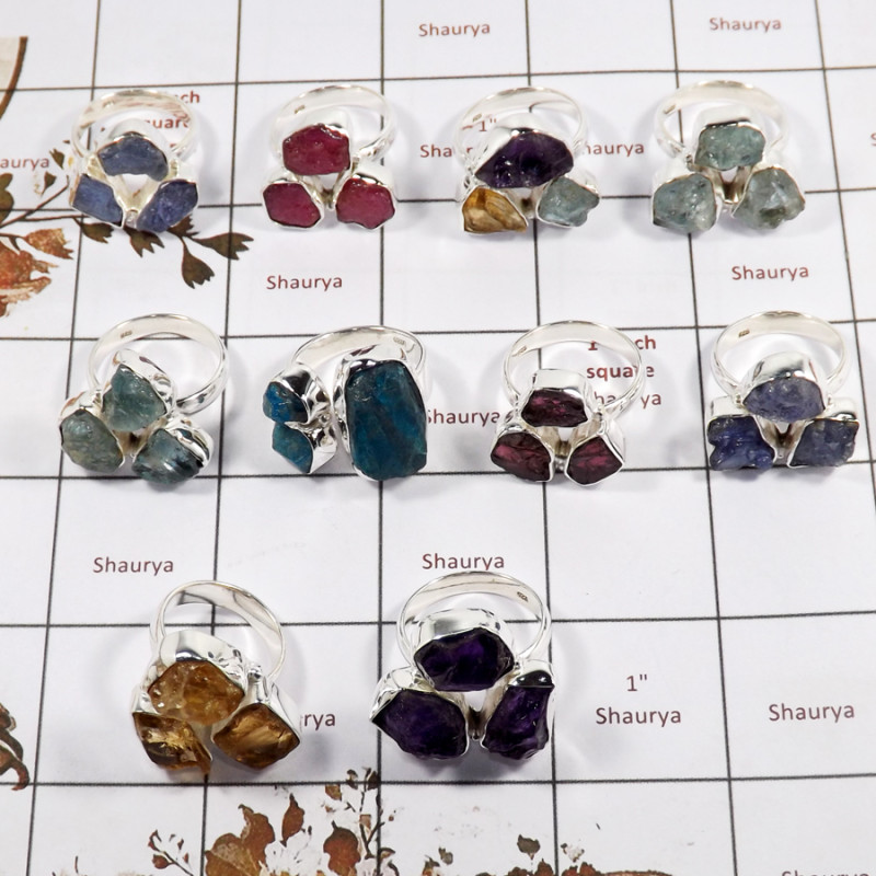 10 Pcs Mix Rough Stone O - SAJ998-10 Pcs Handmade Mix Rough Stone Ring 925 Sterling Silver Wholesale Lots India