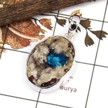 Cavansite Druzy G - ISP659-Party Look Cavansite Druzy Huge Pendant 925 Silver Plain Setting Wholesale Collection