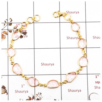 Rose Quartz Cut F - SBB891-Party Wear Cut Gemstone Bezel Bracelet 925 Sterling Silver 18K Gold Plated Collection