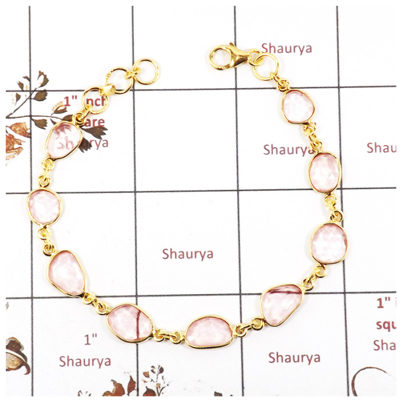 Rose Quartz Cut F - SBB891-Party Wear Cut Gemstone Bezel Bracelet 925 Sterling Silver 18K Gold Plated Collection