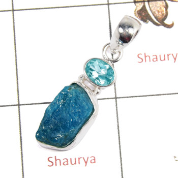 Apatite Rough & Blue Topaz Cut A - ISP650-Newly Handmade Rough Stone Pendant 925 Sterling Silver Plain Setting
