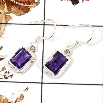 Amethyst Cut O - SPE817-Party Wear Solid 925 Sterling Silver Plain Setting Earrings Cut Gemstone Handmade India