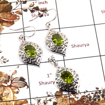 Peridot Cut D - SCS986-Exclusive Cut Gemstone 925 Silver Pendant Earrings Set Handmade Design