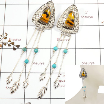 Bumble Bee Cab & Blue Turquoise Beads B - SDE713-Party Wear Statement Long Chain Designer Earrings 925 Silver Cab & Cut Gemstone