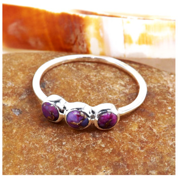 Purple Copper Turquoise Cab O - SFJ913-Exclusive Cabochon Gemstone Light Weight Trilogy Ring 925 Sterling Silver
