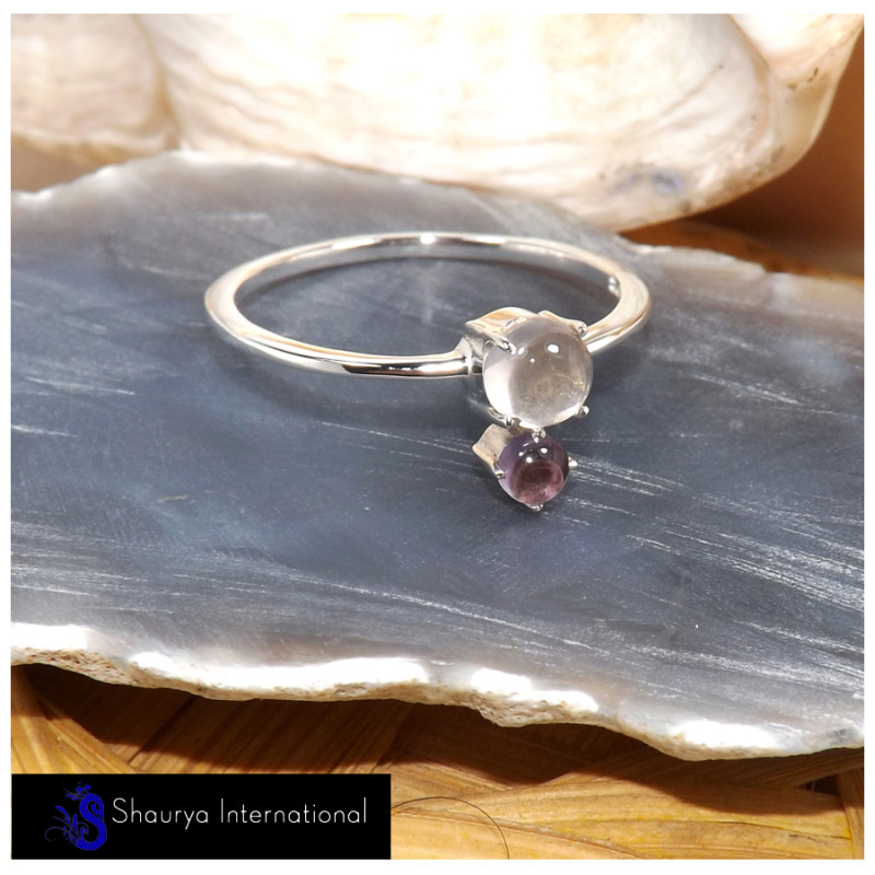 Rose Quartz & Amethyst Cab E - SFJ908-Superb Light Weight Cab & Cut Two Stone Midi Ring 925 Sterling Silver