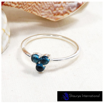 London Blue Topaz Cab A - SFJ907-Light Weight Cabochon Gemstone Trilogy Tiny Ring 925 Sterling Silver